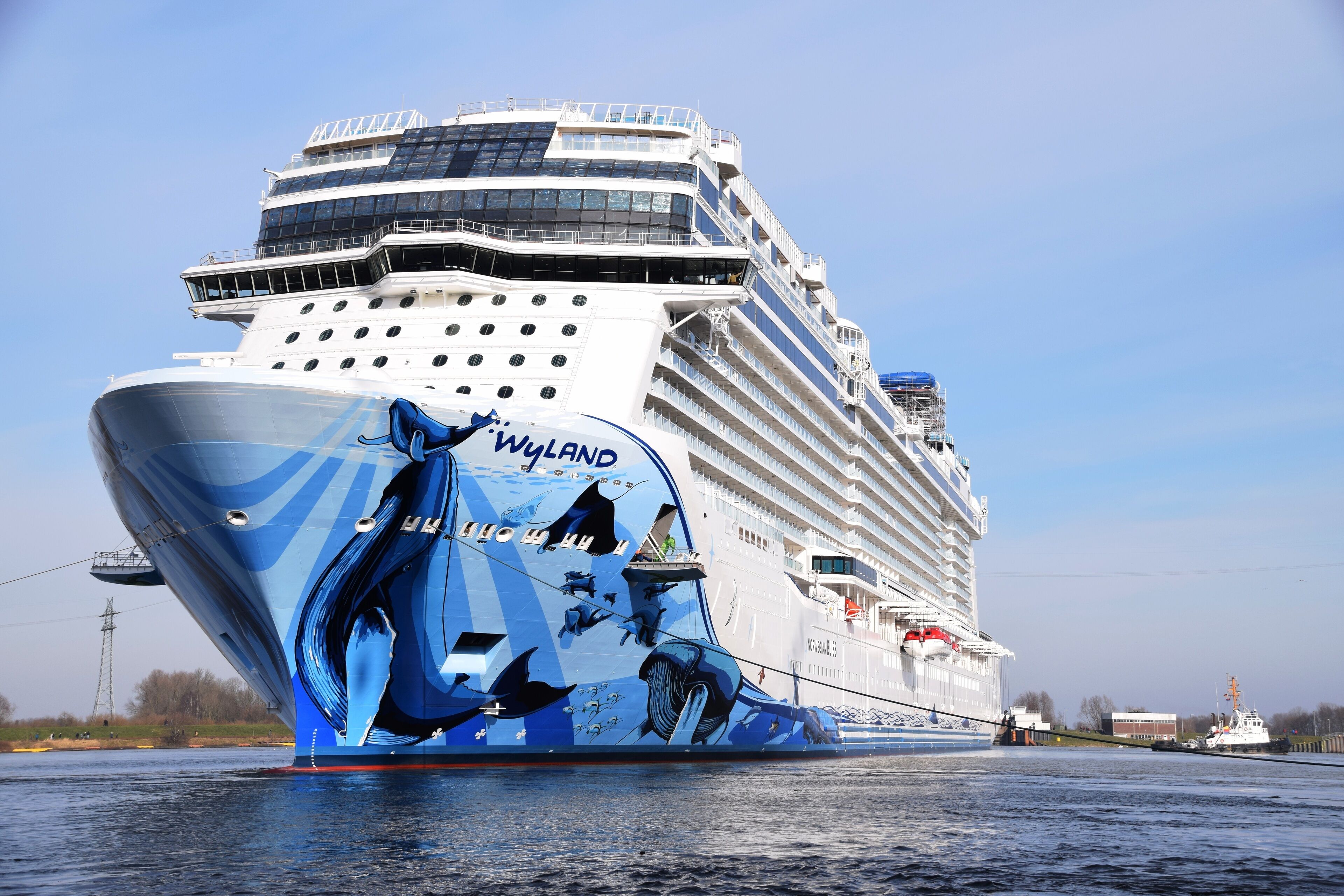 A large cruise ship with 'WYLAND' written on its side, docked at a port.