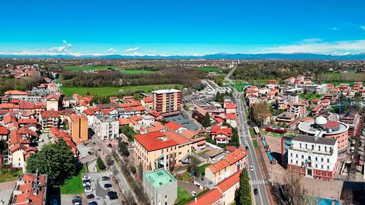 Aerial view of the municipality of Limbiate, homes and streets downtown. Rooftops. Monza and Brianza. 02-04-2024. Italy