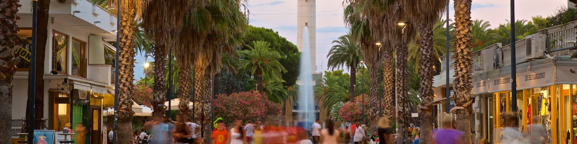 Uma rua movimentada com palmeiras, uma fonte central e uma torre alta ao fundo.