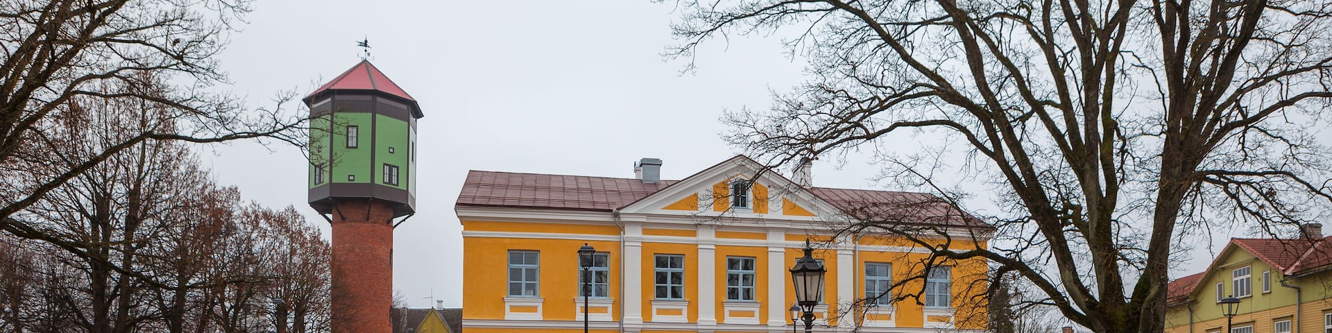 Central square with water tower and empty fontain. Viljandi, Estonia