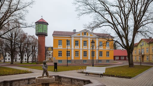 Central square with water tower and empty fontain. Viljandi, Estonia