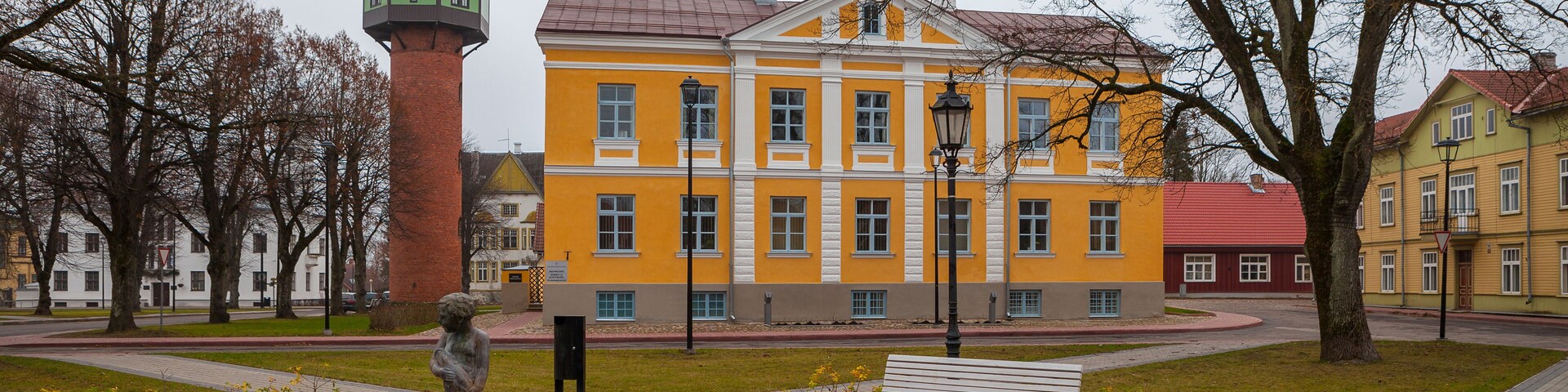 Central square with water tower and empty fontain. Viljandi, Estonia