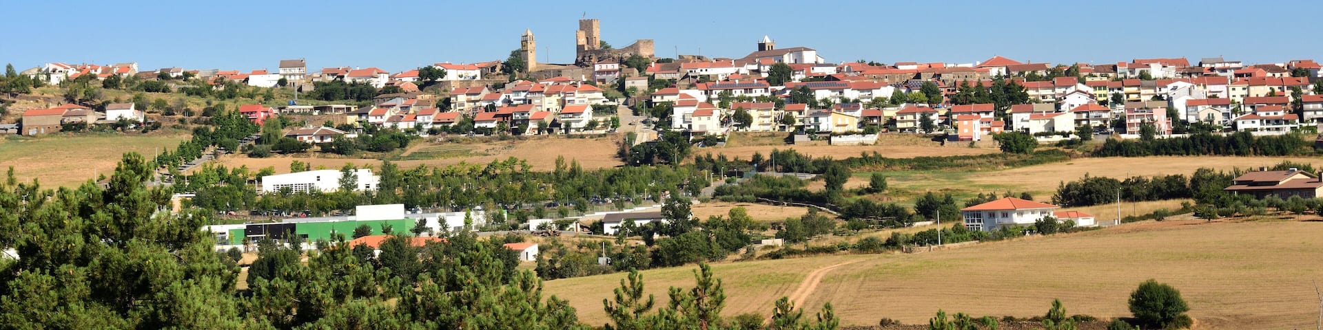 A town with a prominent tower and red-roofed houses on a hillside.