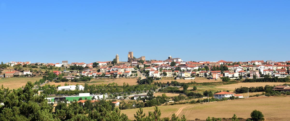 A town with a prominent tower and red-roofed houses on a hillside.
