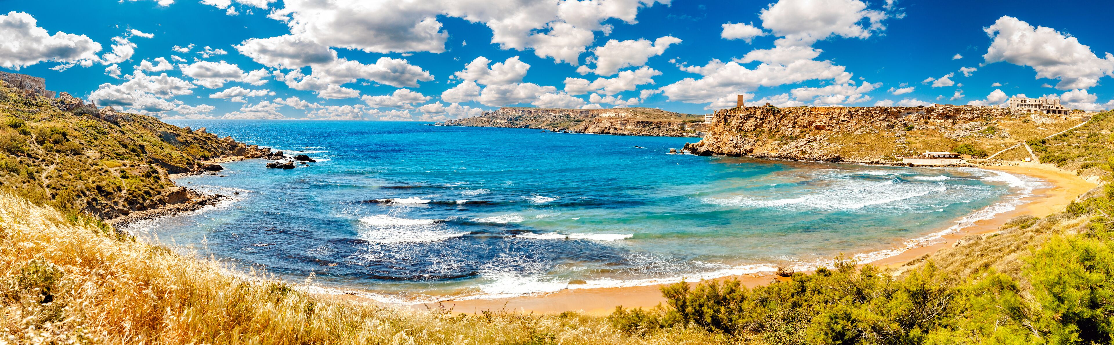 Panorama Golden Bay Malta summer tourist resort beach azure water sea, . Concept travel