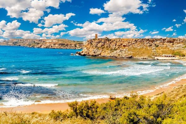 Panorama Golden Bay Malta summer tourist resort beach azure water sea, . Concept travel