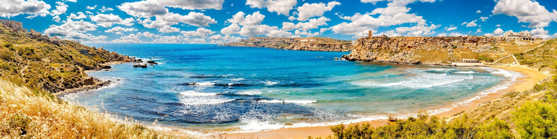 Panorama Golden Bay Malta summer tourist resort beach azure water sea, . Concept travel