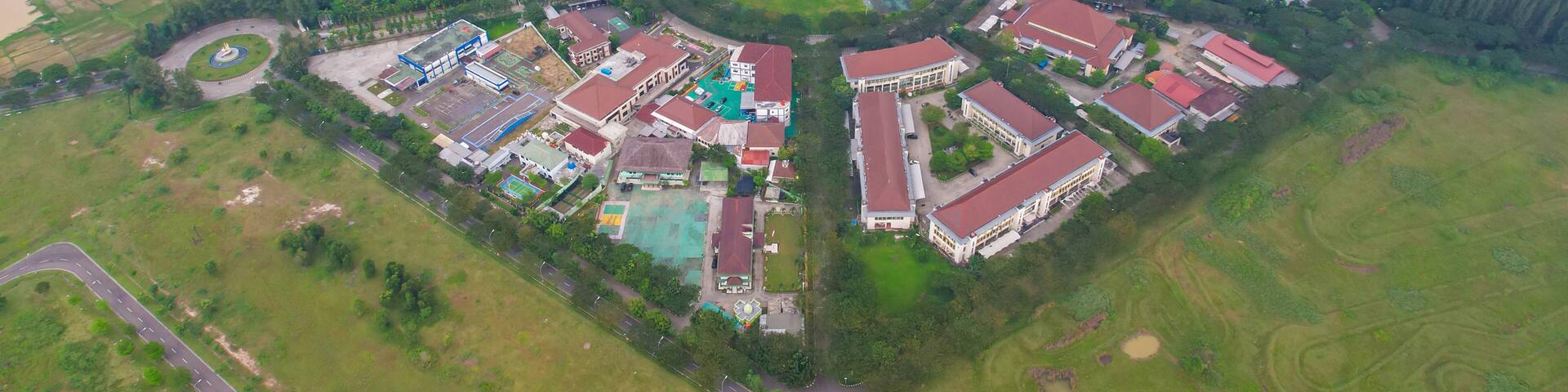 Indonesia Pentagon in Cikarang building looking down aerial view from above.