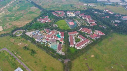 Indonesia Pentagon in Cikarang building looking down aerial view from above.
