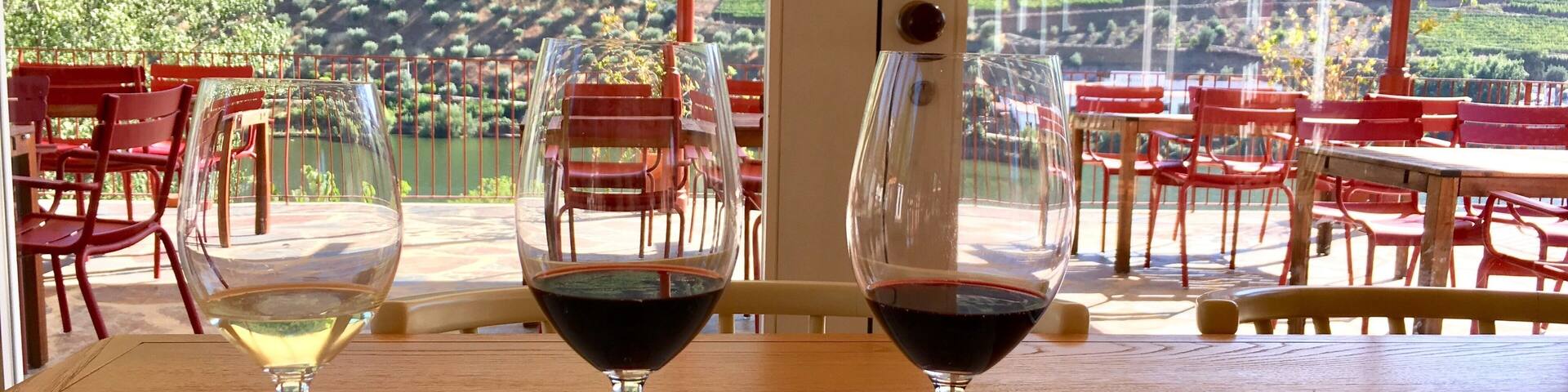 Tres copas de vino sobre una mesa, con un menú frente a una vista panorámica de viñedos y un lago.