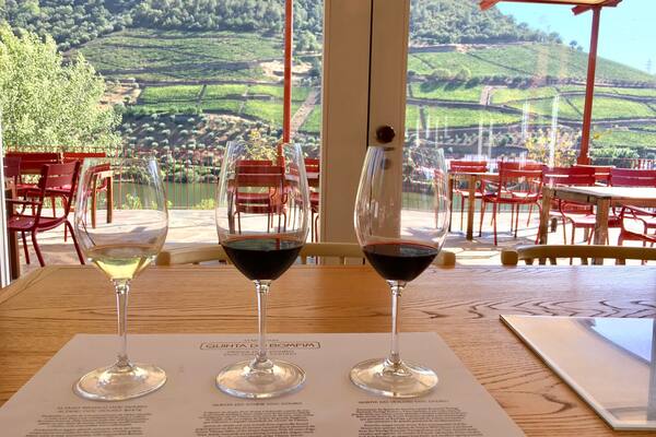 Three wine glasses on a table with a menu in front of a scenic view of vineyards and a lake.