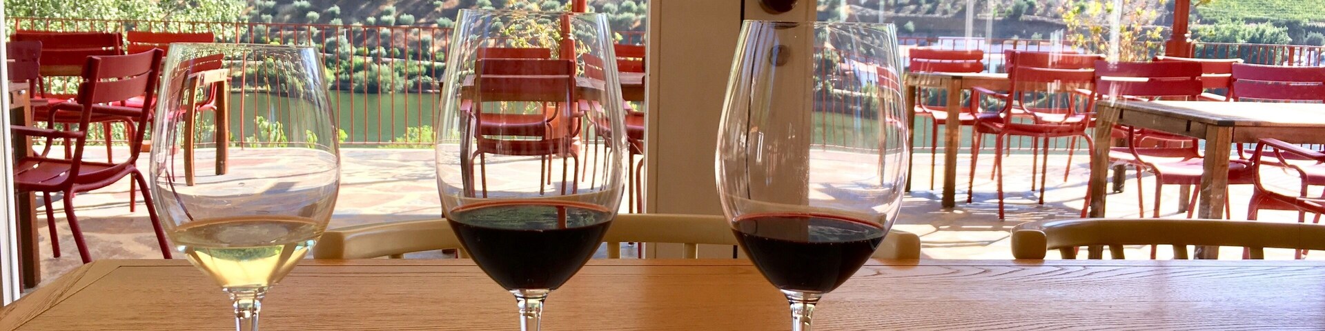 Tres copas de vino sobre una mesa, con un menú frente a una vista panorámica de viñedos y un lago.