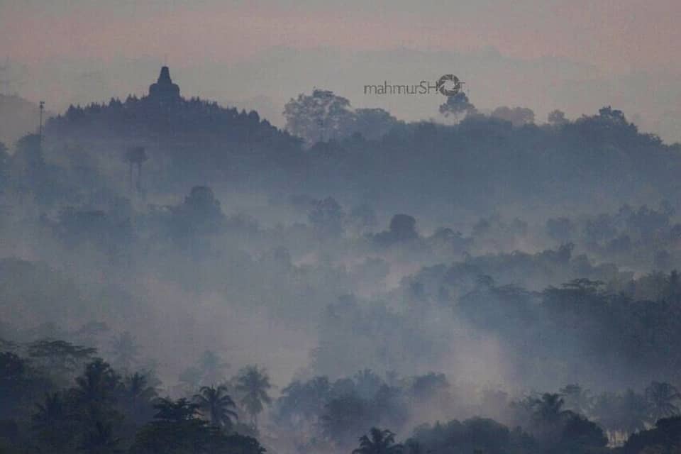 Un paisaje brumoso con un templo en una colina y densas palmeras.