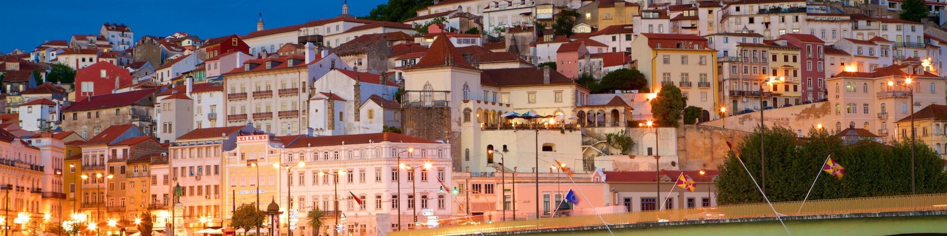 Coimbra showing a bridge, night scenes and a city