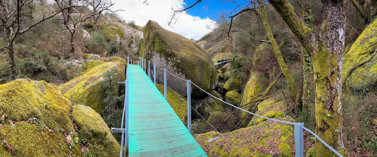 A turquoise suspension bridge in a forested area with moss-covered rocks and trees.