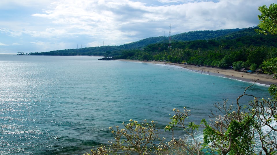 A coastal beach with clear turquoise waters, a sandy shore, and lush green hills in the background.