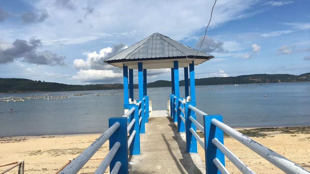 A pier with a blue and white structure leading to a body of water.