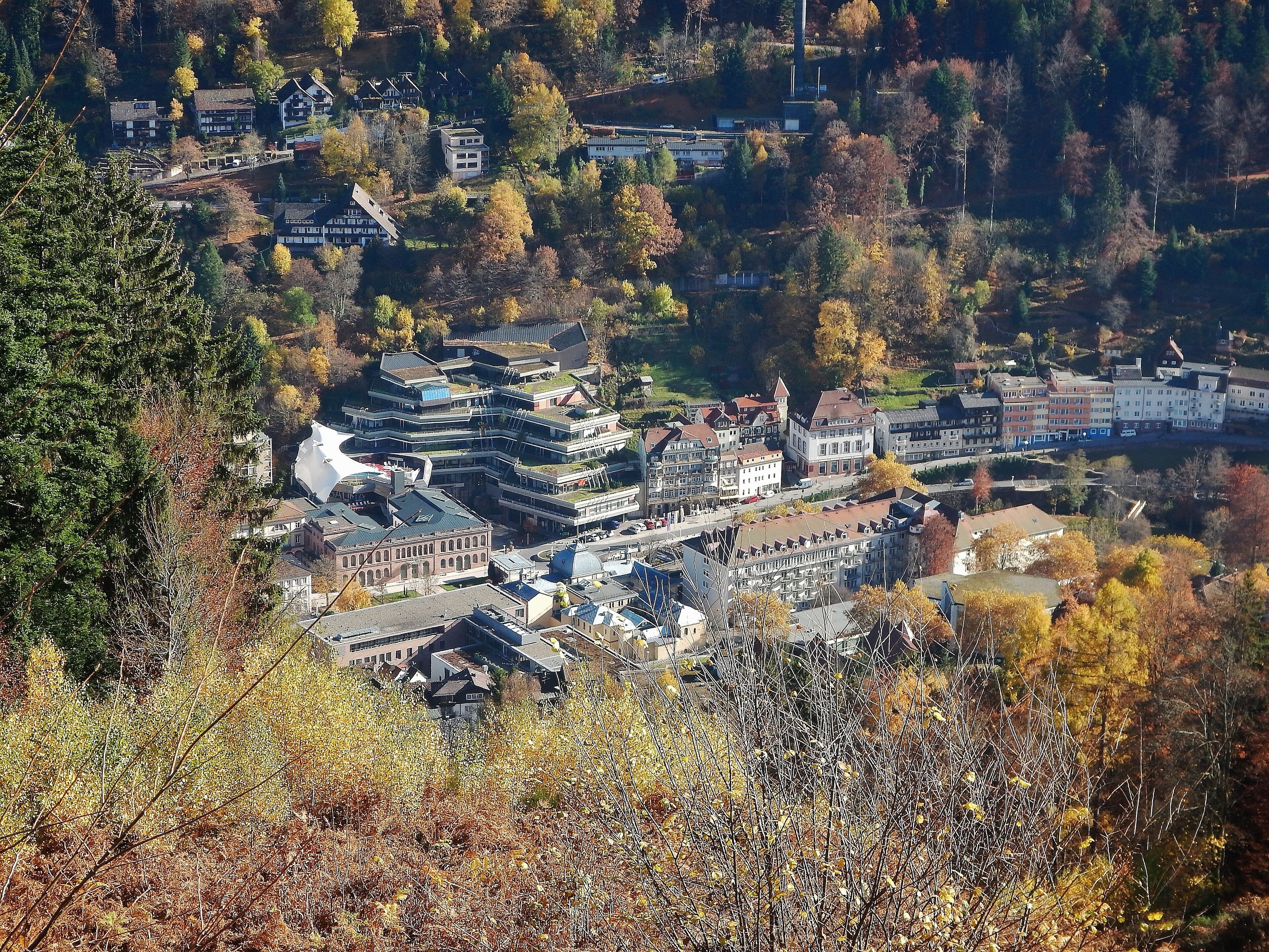 A town with a mix of modern and traditional architecture, surrounded by autumn-colored trees.