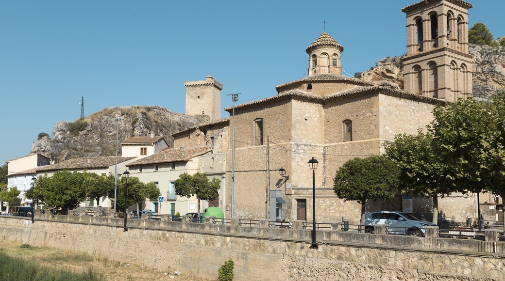Alhama de Aragón, symbolic tower of the city in the background behind the cliff, town of Zaragoza famous for its spa, Aragón, Spain