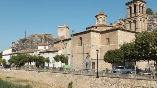 Alhama de Aragón, symbolic tower of the city in the background behind the cliff, town of Zaragoza famous for its spa, Aragón, Spain