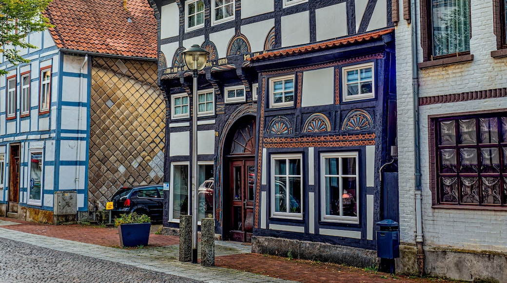 A traditional half-timbered house with a steeply pitched roof, a visible chimney, and a street lamp.