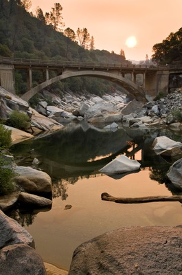 South Yuba River bridge and smoky sunset, Nevada County