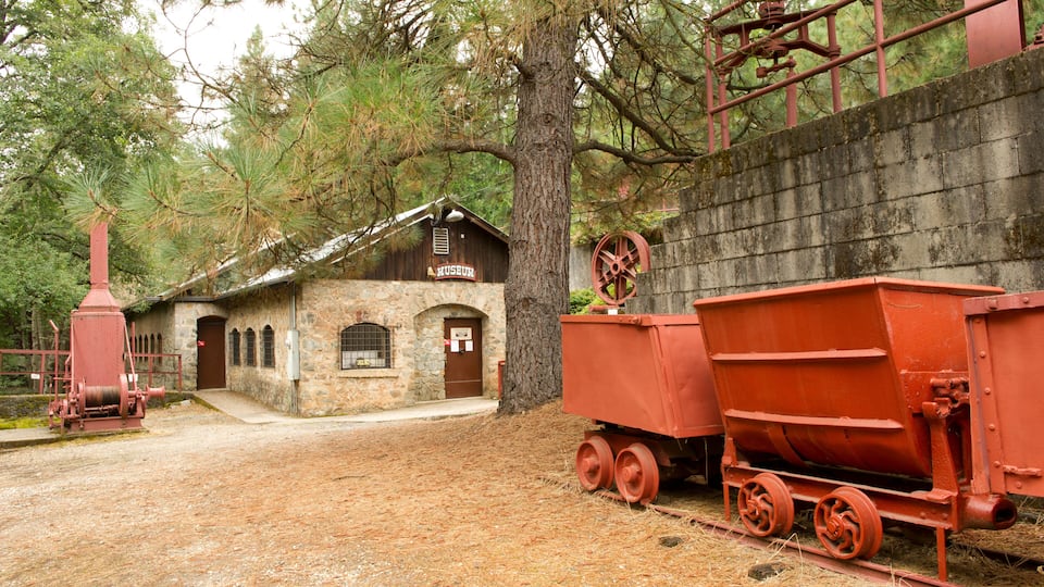 A rustic building labeled 'HUSBRU,' a red water wheel, and a red dump truck on tracks.