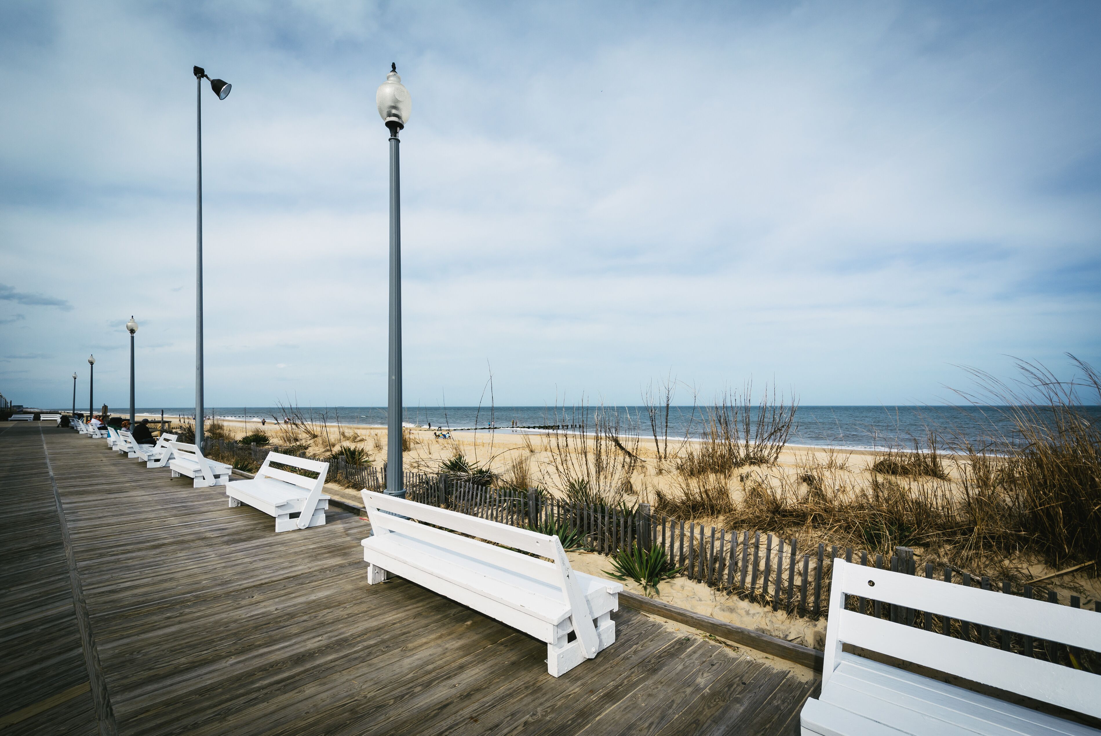 Benches on the boardwalk in Rehoboth Beach, Delaware.