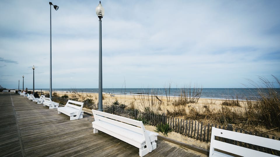 A wooden boardwalk with white benches and street lamps, leading to a sandy beach with dunes.
