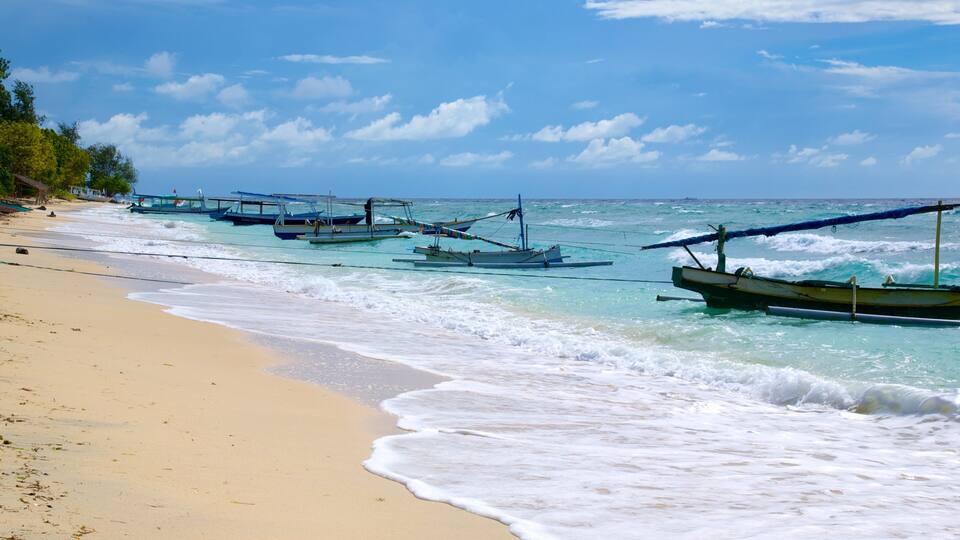 A beach with several traditional boats anchored in shallow waters.