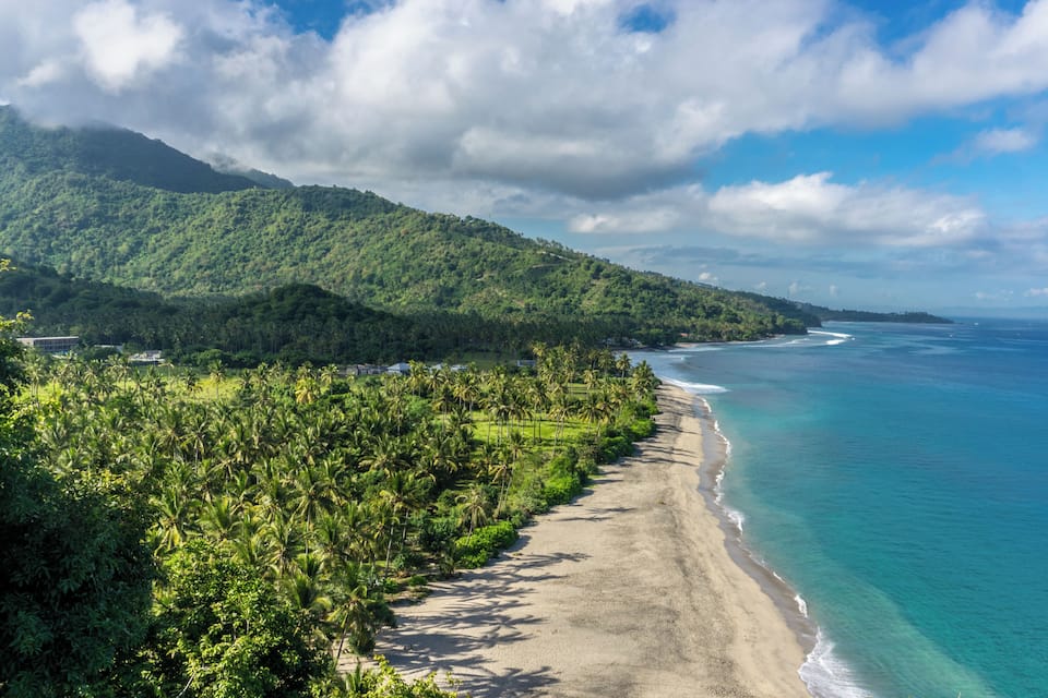 Uma praia tropical com vegetação exuberante e montanhas ao fundo.