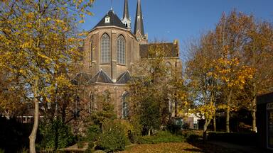Sint-Jan Geboortekerk church towering seen trough autumn colored trees with cemetery in the foreground in small town of Vlijmen, The Netherlands, against a clear blue sky