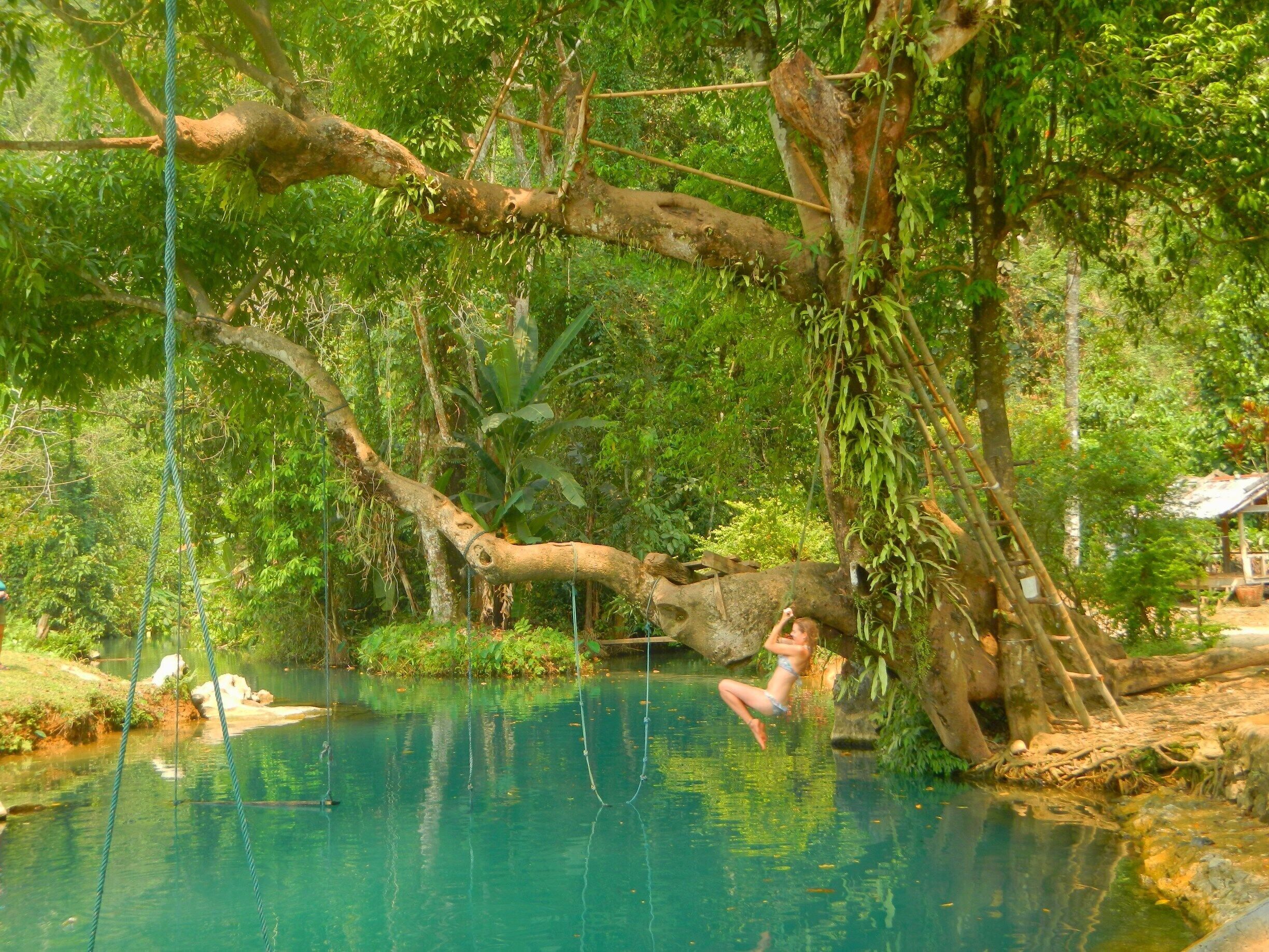 Vang Vieng is a tiny town with everything to do!  One of my favourite places in Asia.  Kayaking, Tubing, Hot air ballooning, You can rent anything on 2 or 4 wheels.
This Blue lagoon is out of this world nice. Pictures don't do it justice. You can ride a bike, but we decided to taxi it to the Lagoon.... Treat ourselves lol.