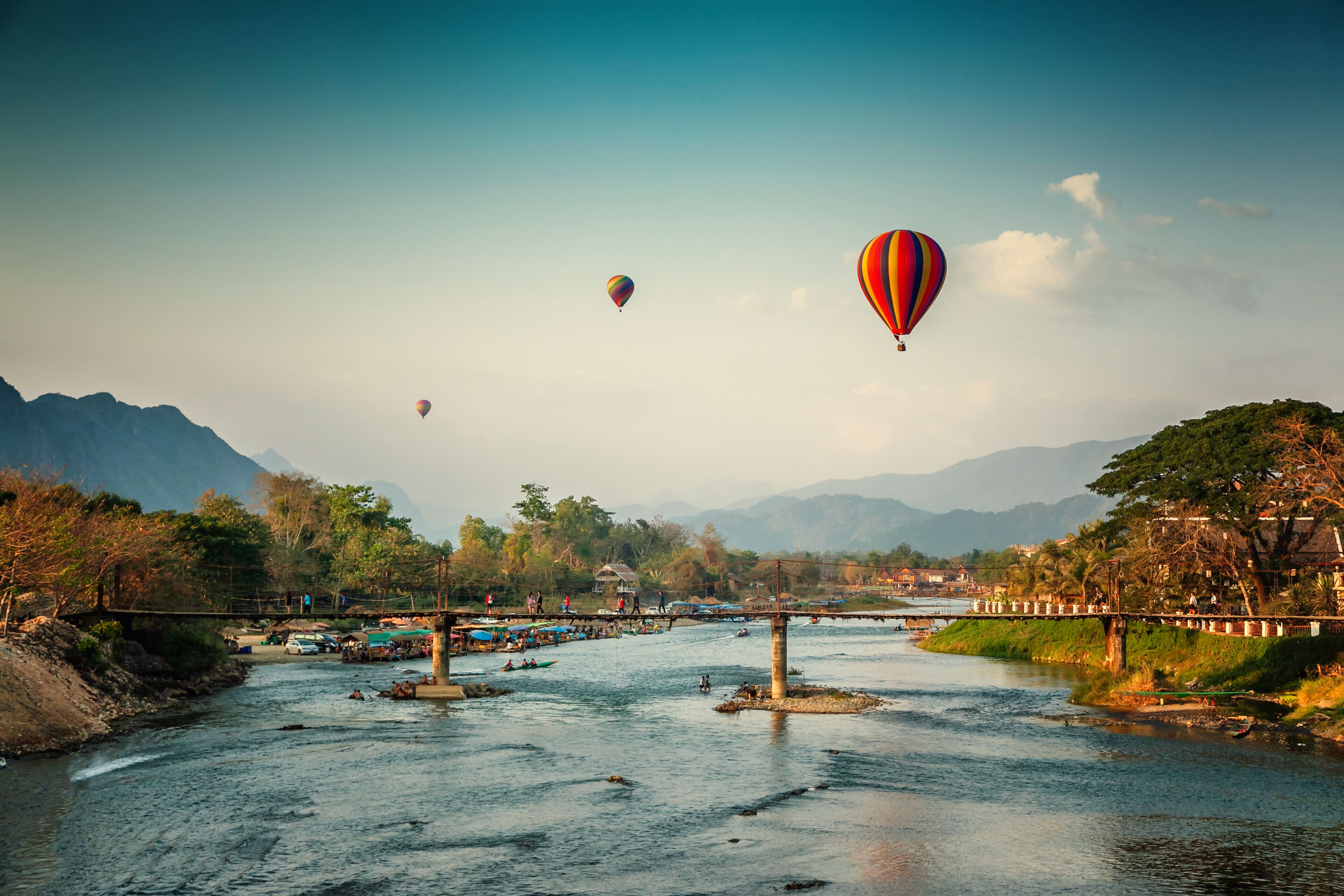 Beautiful views of the mountains and the balloon tour, landmarks travels Vang Vieng, Laos., Shutterstock ID 587495501, Purchase Order: -