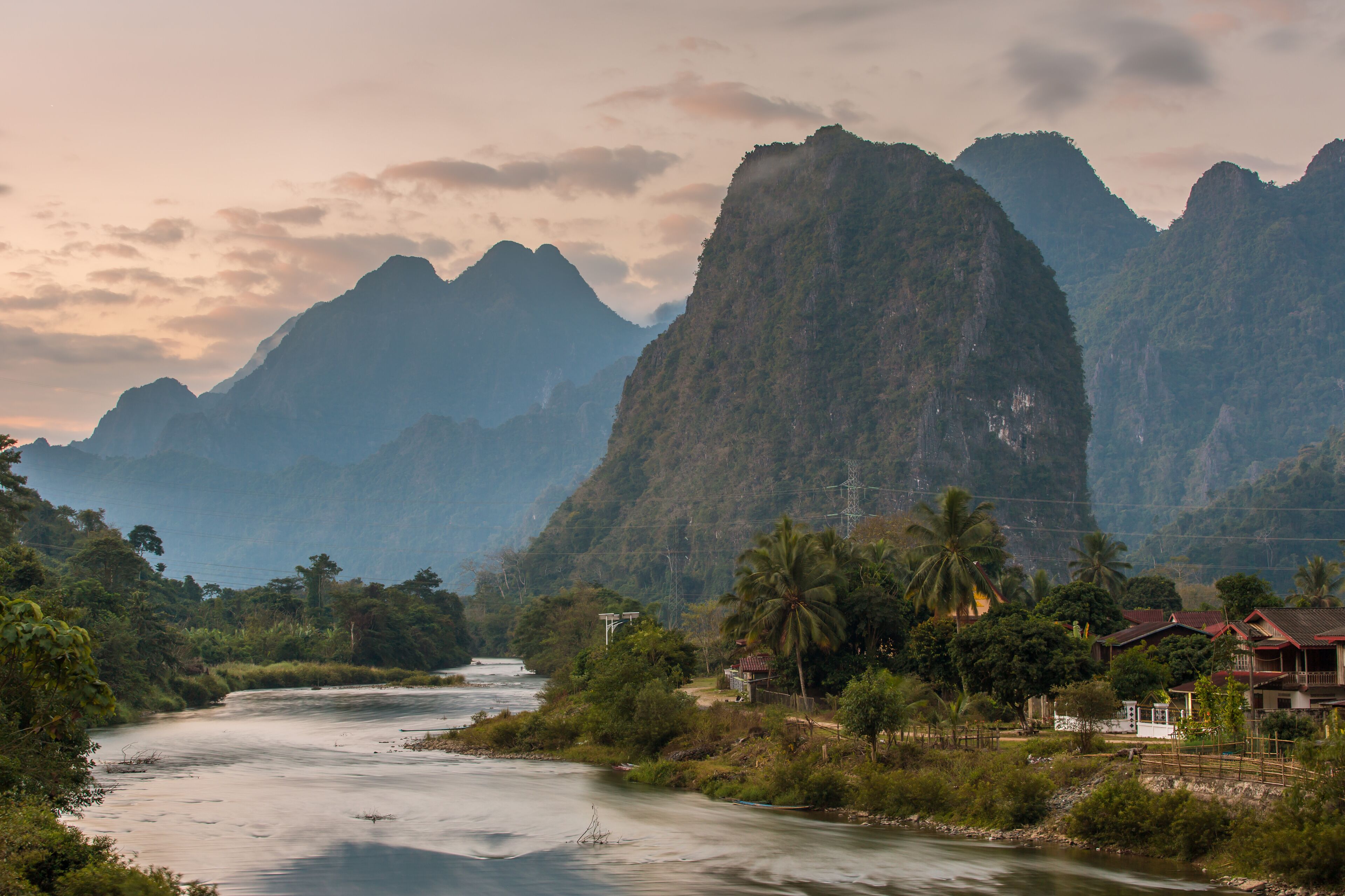 Beautiful sunrise over the Nam Song river near the Vang Vieng village, Laos