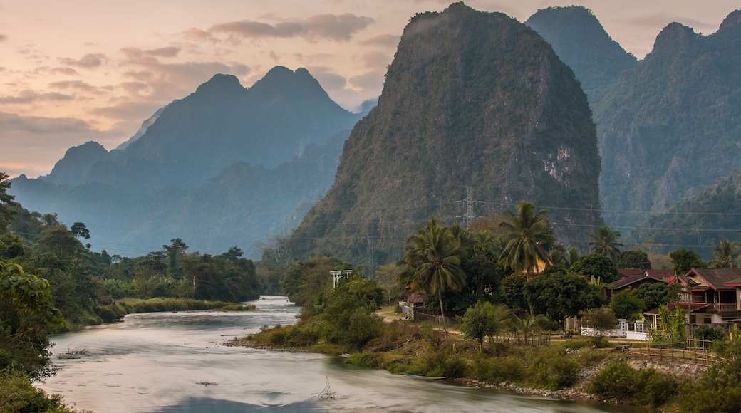 Beautiful sunrise over the Nam Song river near the Vang Vieng village, Laos