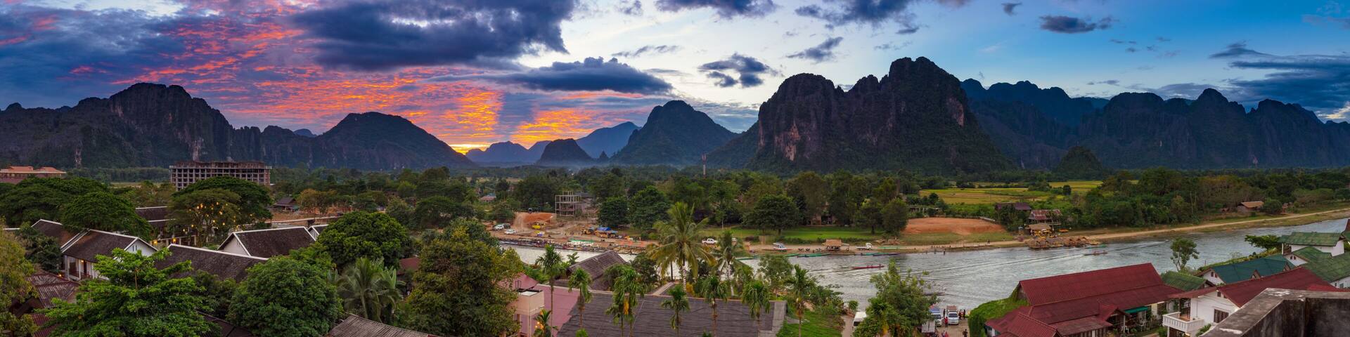Landspace view panorama at Sunset in Vang Vieng, Laos.
