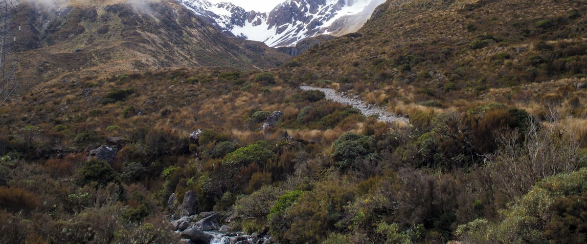 A mountainous landscape with a stream, rocky terrain, and snow-capped peaks.