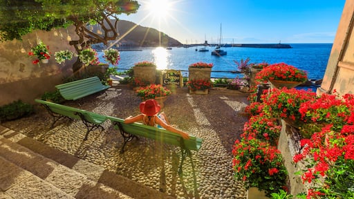 A coastal scene with a bench, hanging flower pots, and a sign reading 'Borgo Cotone.'