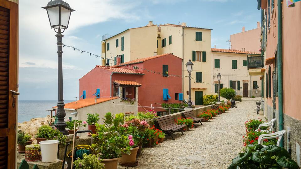A cobblestone street with potted plants, benches, and buildings with red and green shutters.