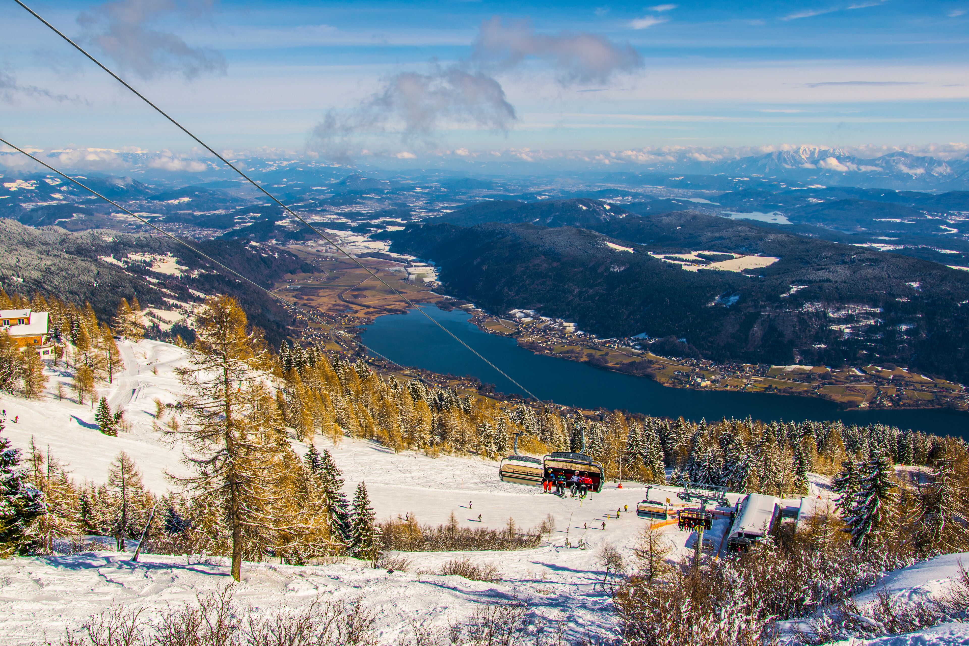 aerial view of the lake ossiach - ossiachersee from the gerlitzen mountain near villach, austria.