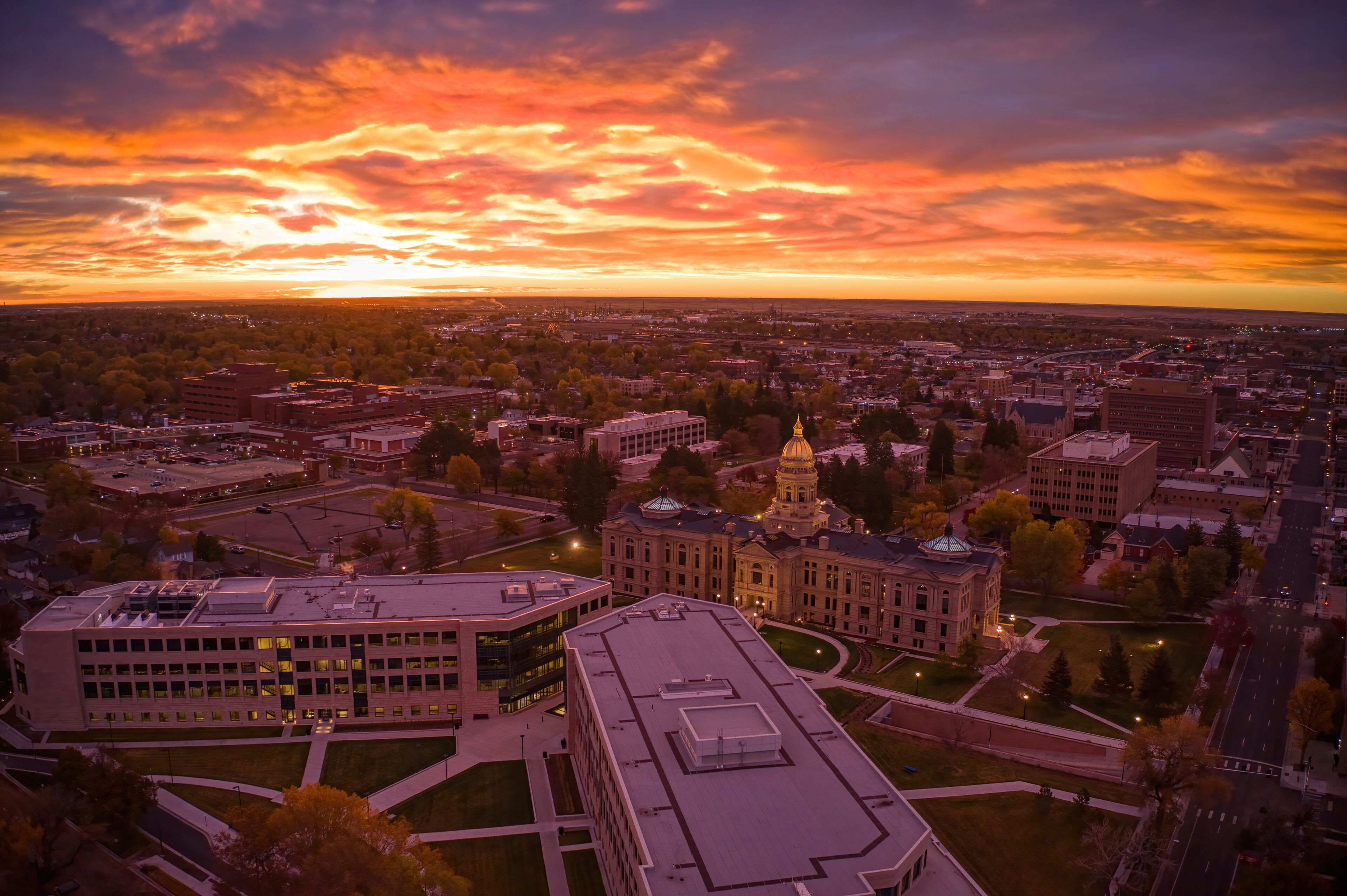 Aerial View of a Sunrise over Downtown Cheyenne, Wyoming