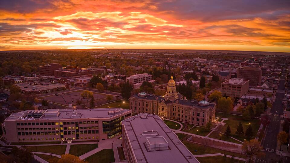 Aerial View of a Sunrise over Downtown Cheyenne, Wyoming