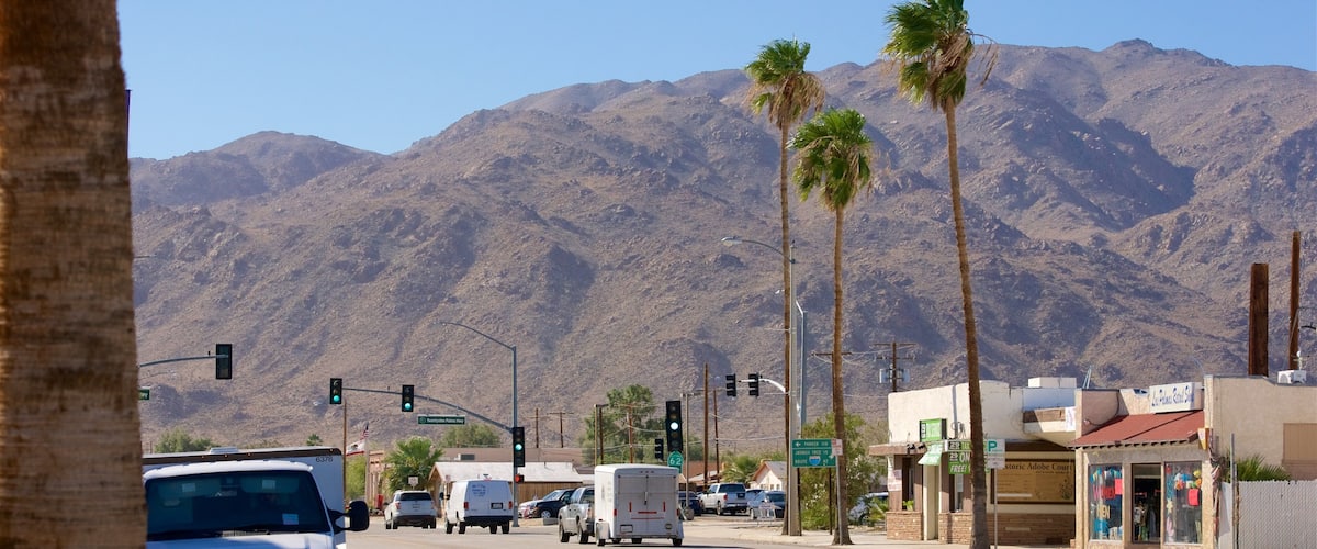 A street with palm trees, a mountain in the background, and a white truck driving.