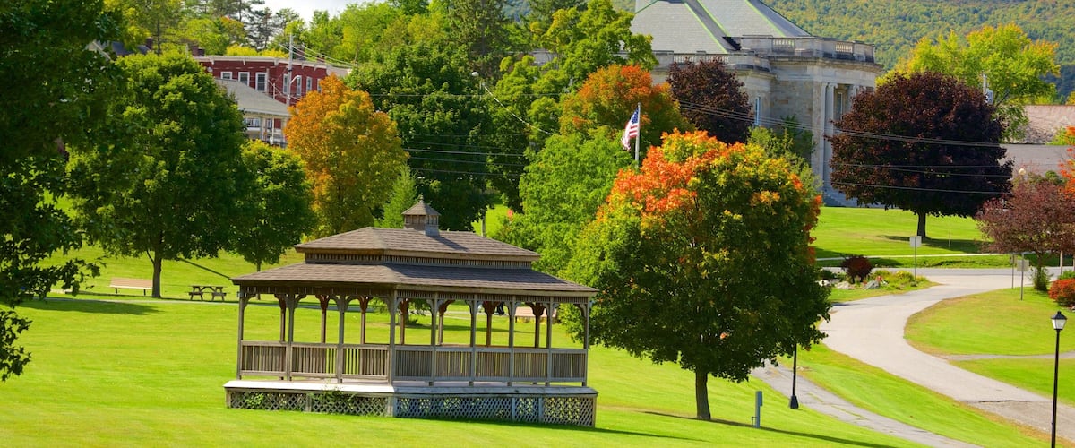 A gazebo in a park with a building and trees in the background.