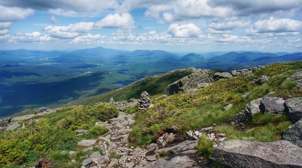 Almost at the top of Algonquin peak! As you leave the forest behind and enter the high alpine zone, there's nothing but exposed rock covered in delicate moss and lichen. To mark the trail, these piles of rocks called Carins were built. They're also a great place to stop and admire the gorgeous Adirondacks! #Takeahike