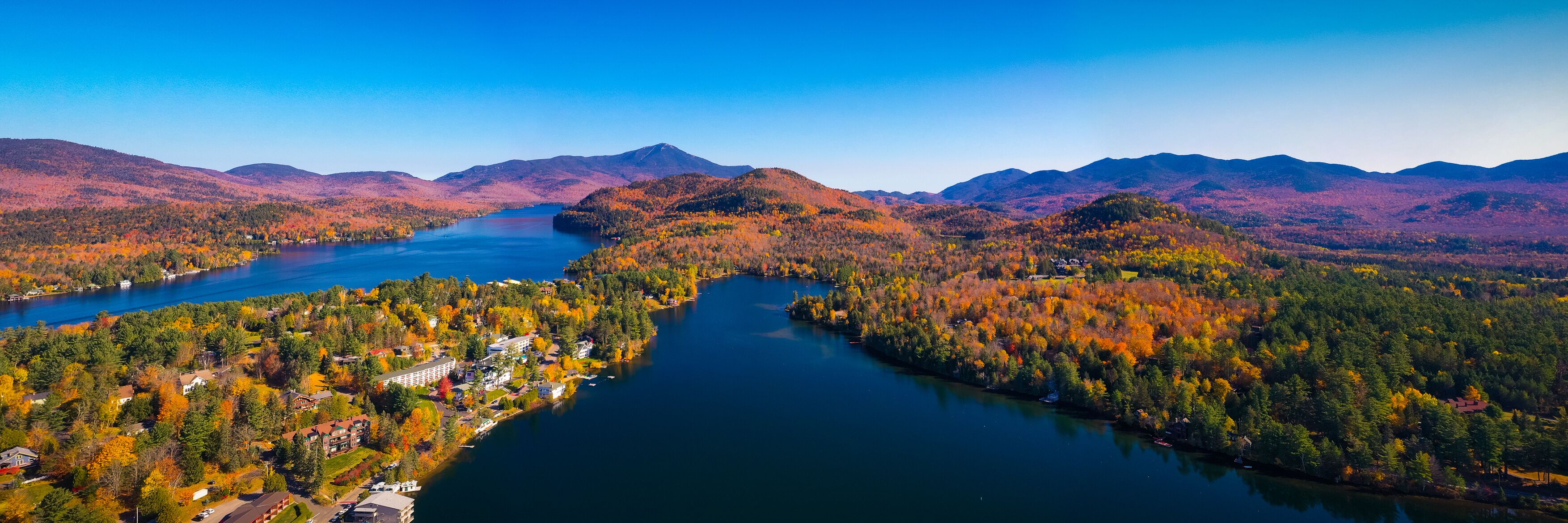 Aerial view of Lake Placid Mountains with Autumn Fall Colors in Adirondacks, New York, USA
