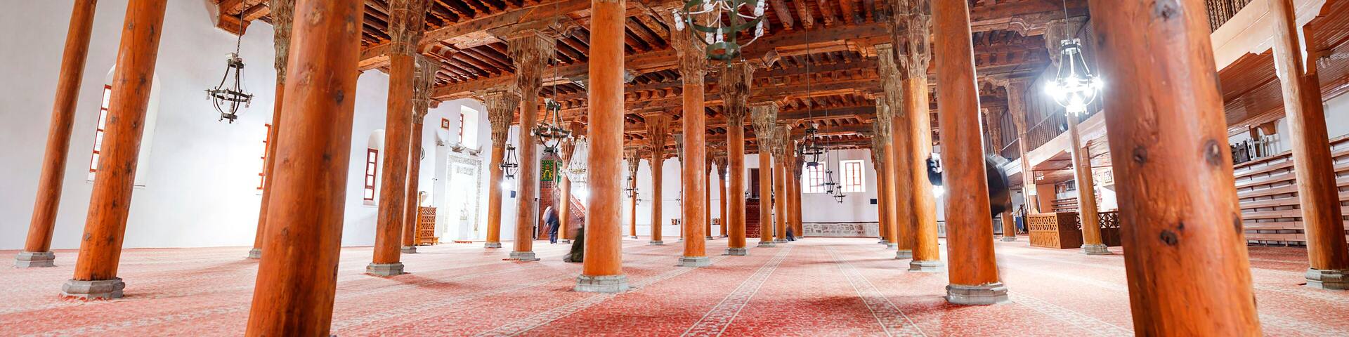Afyon, Turkey - December 2021: Interior of the Afyonkarahisar Ulu Cami Grand Mosque. Antique Wooden Mosques in Afyon city, Turkey