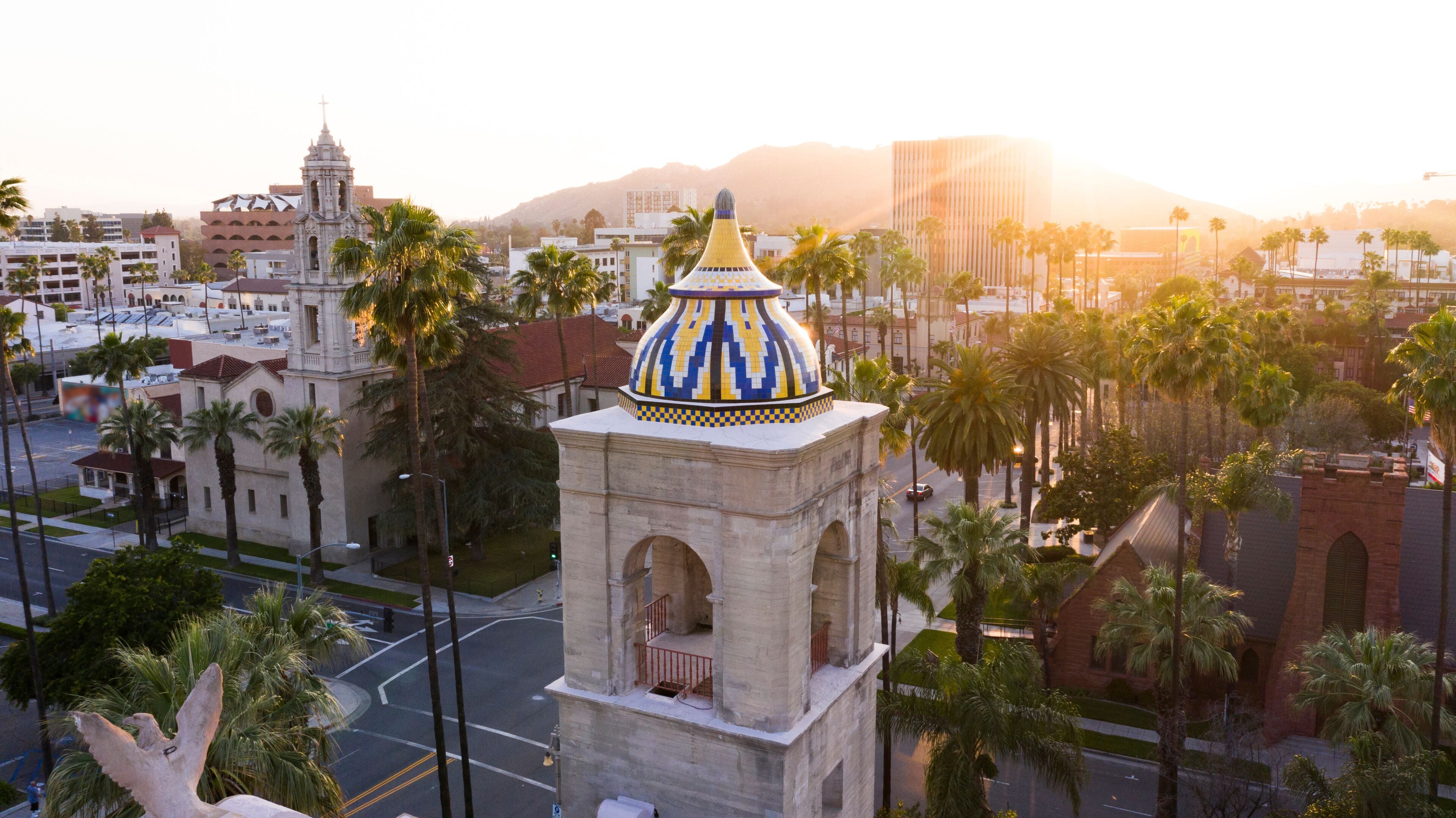 Aerial sunset view of the downtown area of Riverside, California.