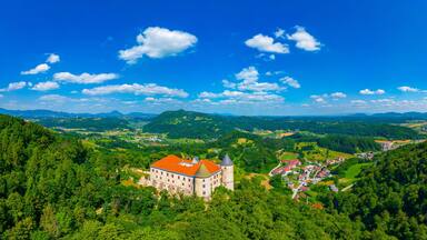 A castle surrounded by lush green forests and rolling hills under a clear blue sky.
